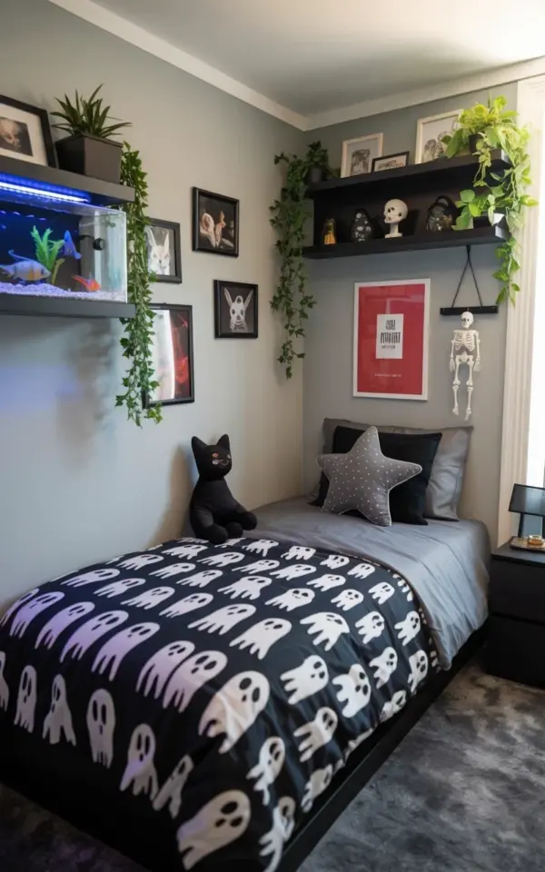 Gothic Bedroom Decor Idea with Ghost Pattern Duvet & Floating Shelves