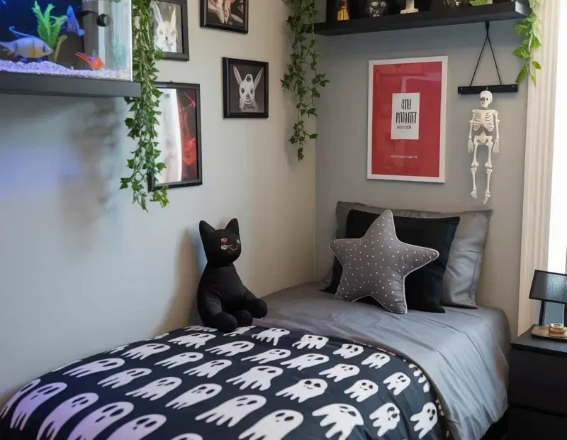 Gothic Bedroom Decor Idea with Ghost Pattern Duvet & Floating Shelves