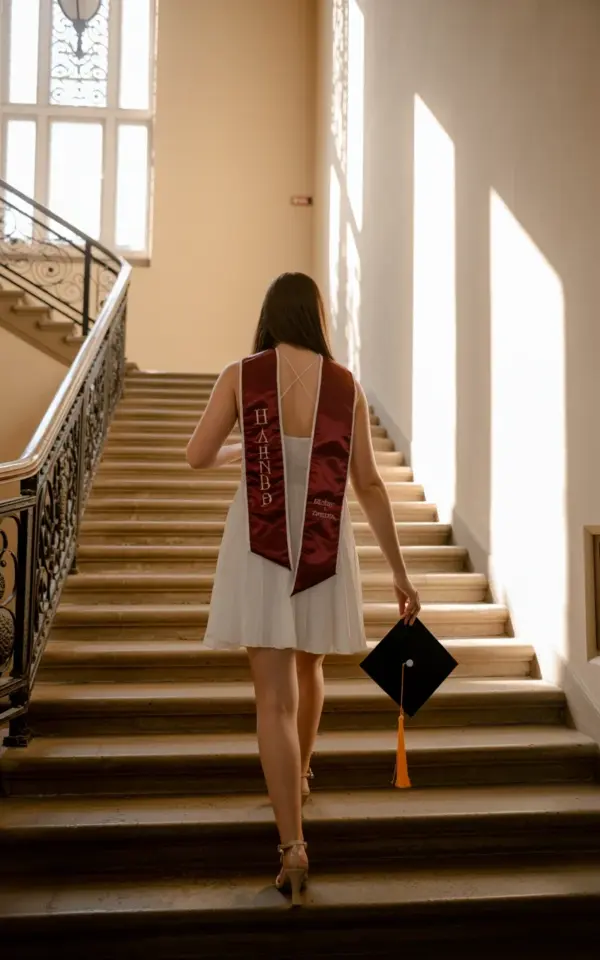 Graduation Shoot Lookbook Ideas | White Dress on Stone Staircase | Film Photography Inspo