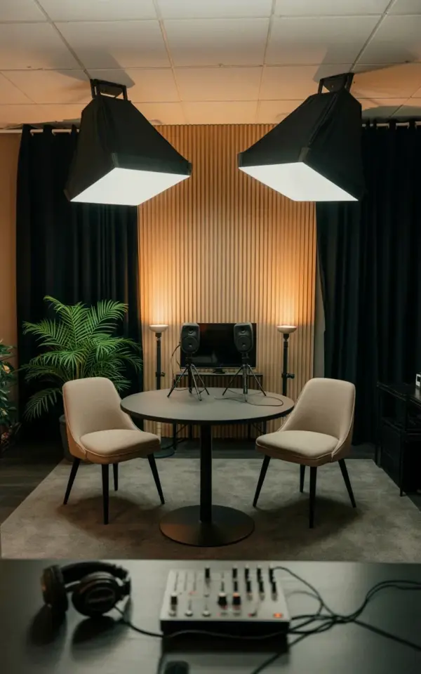 Podcast Studio Setup Inspo: Round Table, Hanging Softboxes & Wood Slat Panels