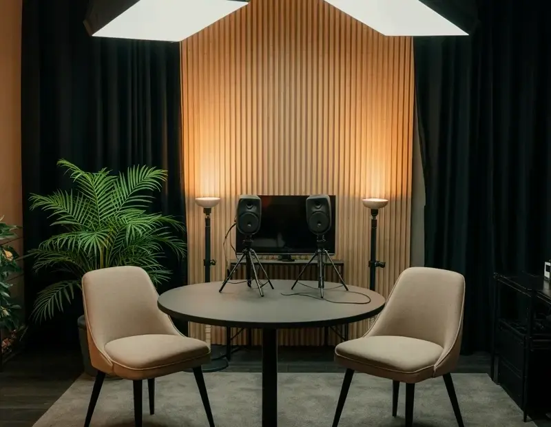 Podcast Studio Setup Inspo: Round Table, Hanging Softboxes & Wood Slat Panels