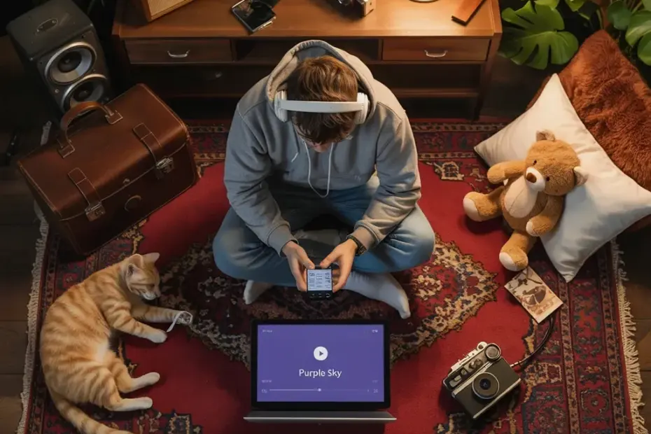 Cozy Workspace Setup on a Vintage Rug with Retro Tech and a Cat