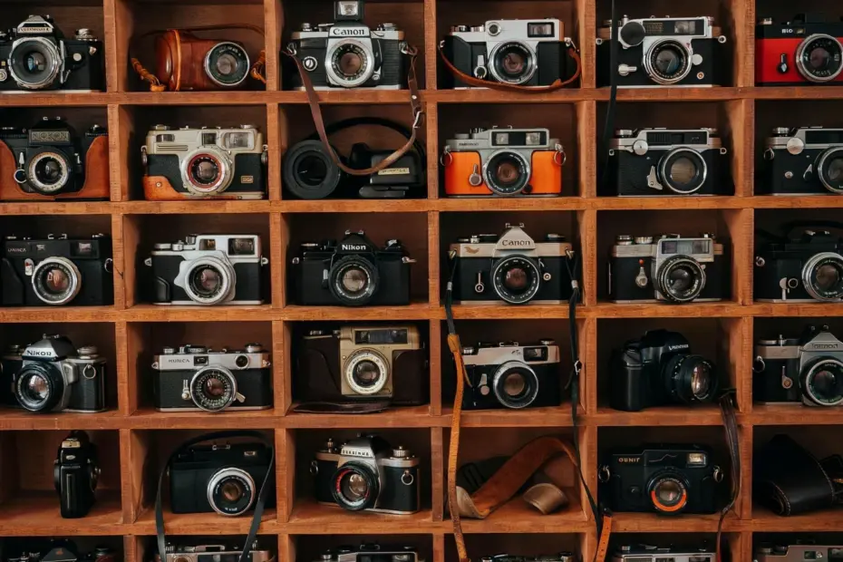 Vintage Camera Decor with Old Film Camera and Photos for Darkroom Vibes