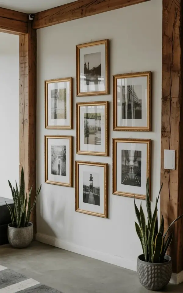 Photo Studio Gallery Wall: How to Arrange 7 Black and White Prints in Gold Frames