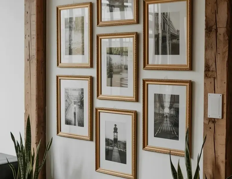 Photo Studio Gallery Wall: How to Arrange 7 Black and White Prints in Gold Frames