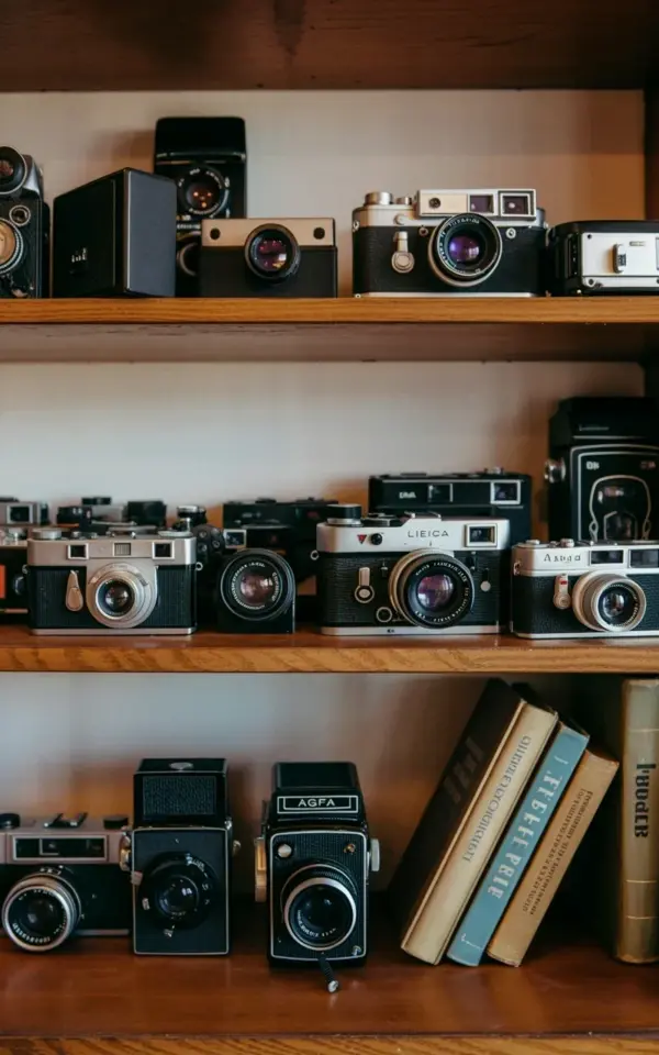 Vintage Camera Decor Ideas | Leica & Agfa Film Camera Shelf Display