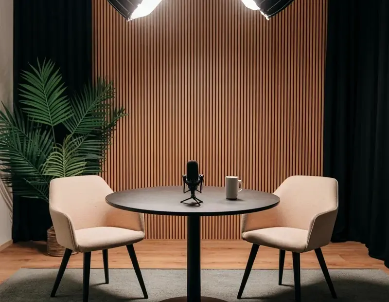 Professional Podcast Studio Setup Ideas with Round Table & Softbox Lighting
